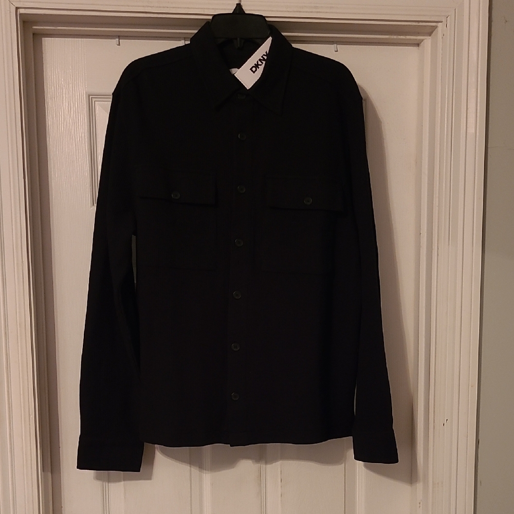 DKNY Men Black Waffle Long Sleeve Button Down Size Medium